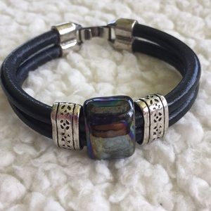 Black leather bracelet with Ceramic bead